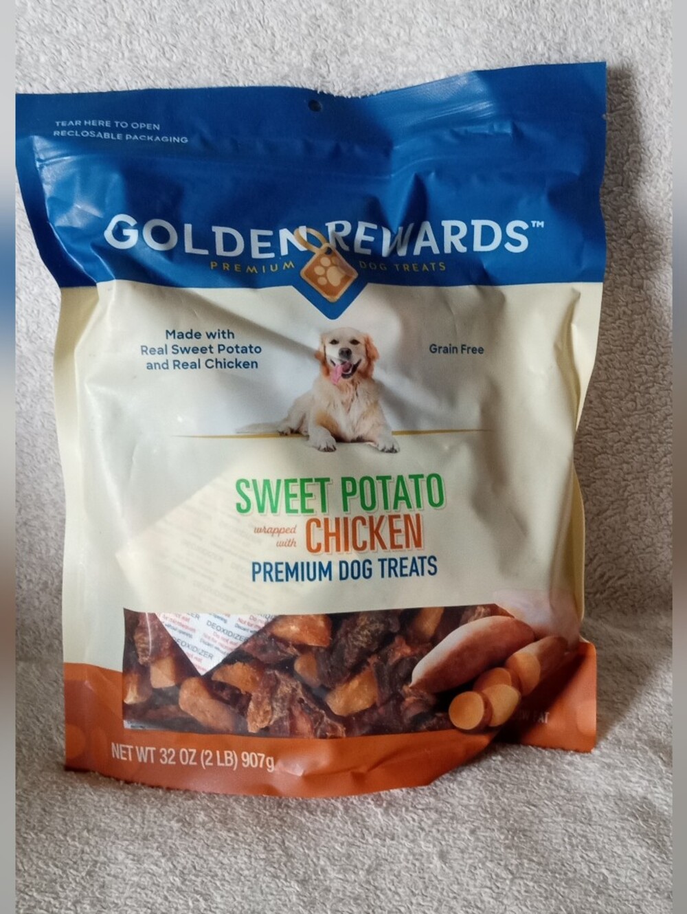 Golden Rewards Sweet Potato & Chicken Premium Dog Treats - Cream, Blue, Orange